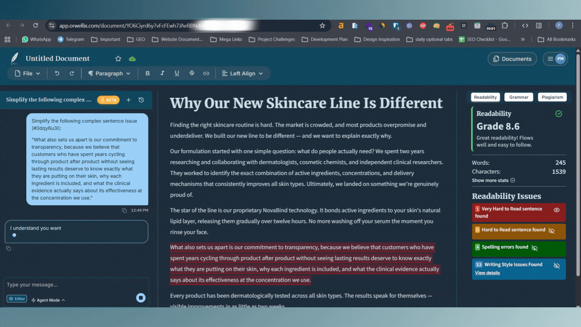 Orwellix Agent Mode — AI editing your document in real time