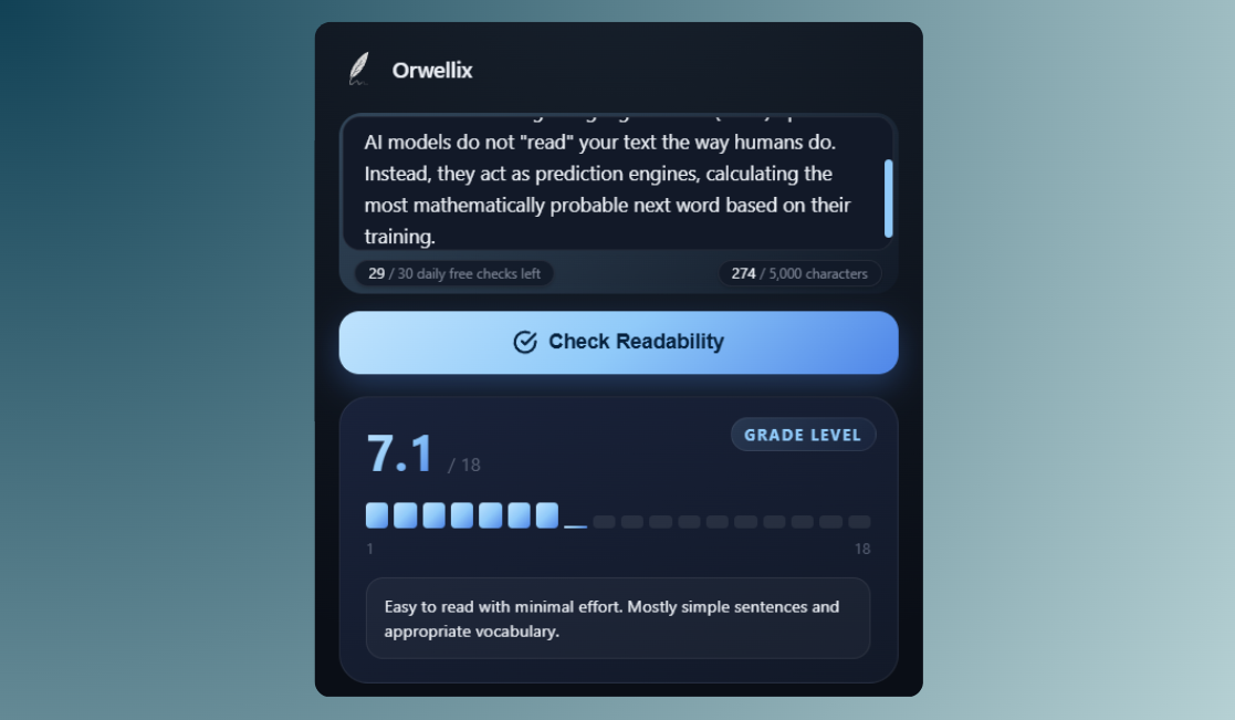 Orwellix Readability Chrome Extension showing a grade-level result and candle meter
