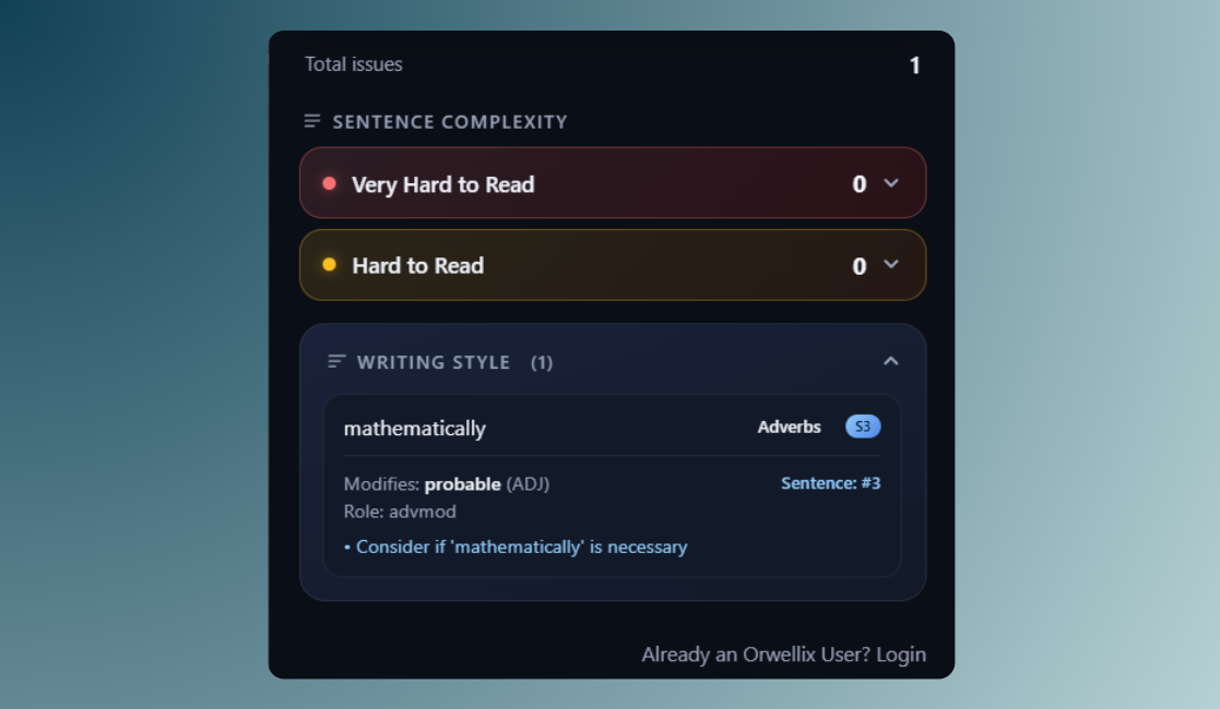 Expanded writing style issue detail showing issue type and sentence context